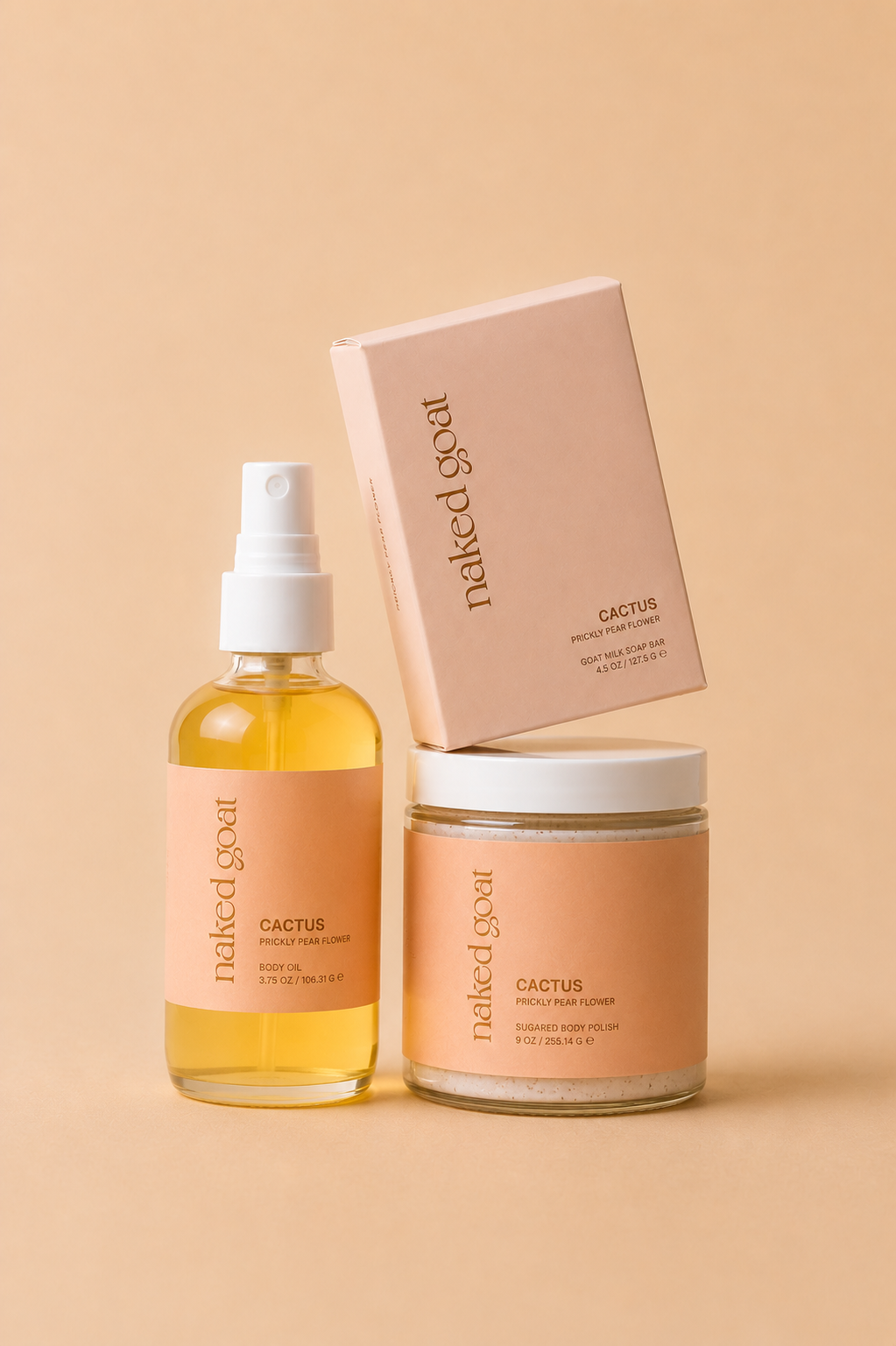 Naked Goat Cactus Trilogy body care set with goat milk soap, sugar polish and body oil