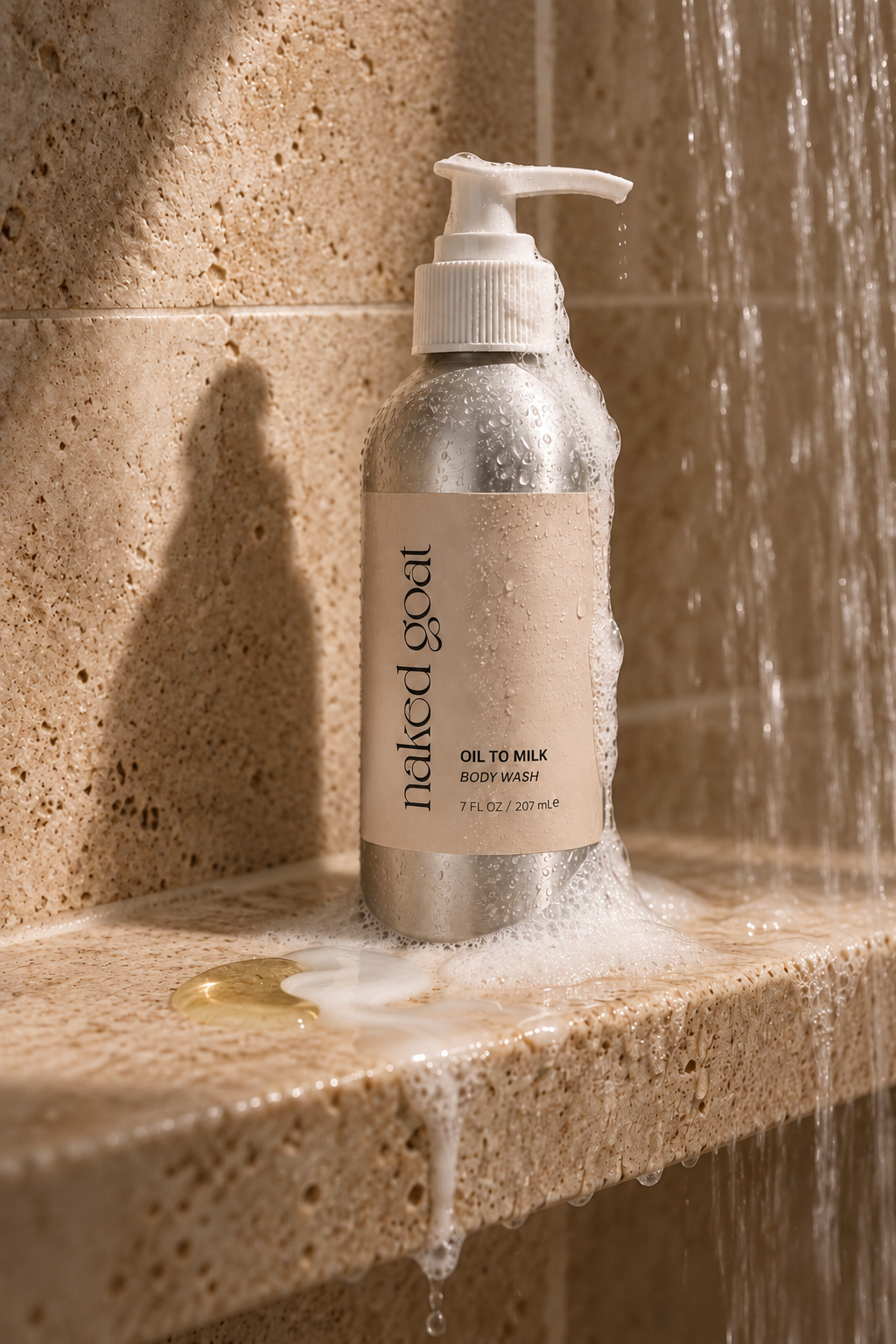 Naked Goat Oil to Milk Body Wash transforming from cleansing oil to creamy milk in the shower