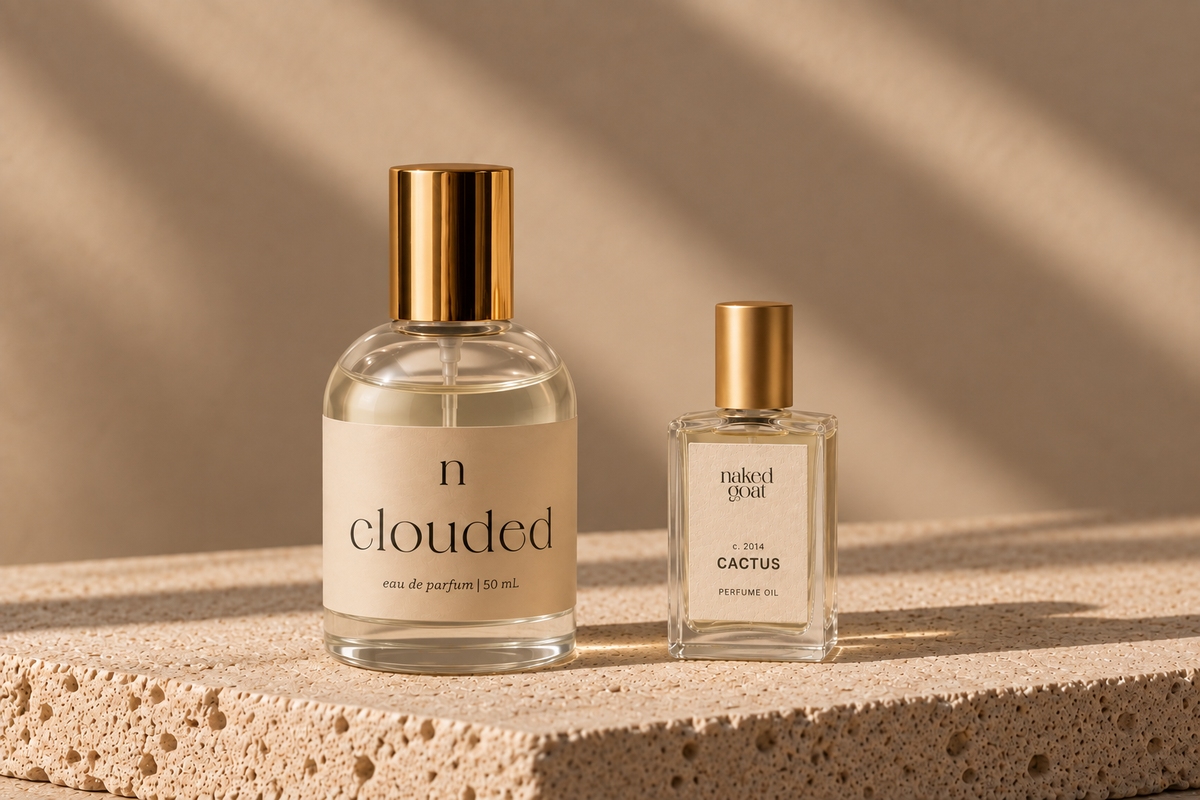 Naked Goat Clouded Eau de Parfum and Cactus Perfume Oil illustrating two fragrance formats