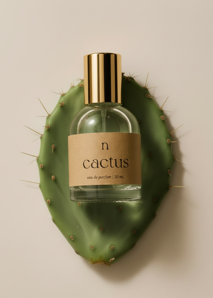 Naked Goat Cactus Eau de Parfum bottle displayed on a green cactus pad