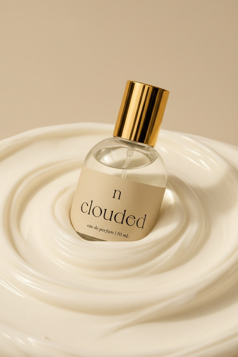 Naked Goat Clouded Eau de Parfum bottle resting in a soft cream swirl