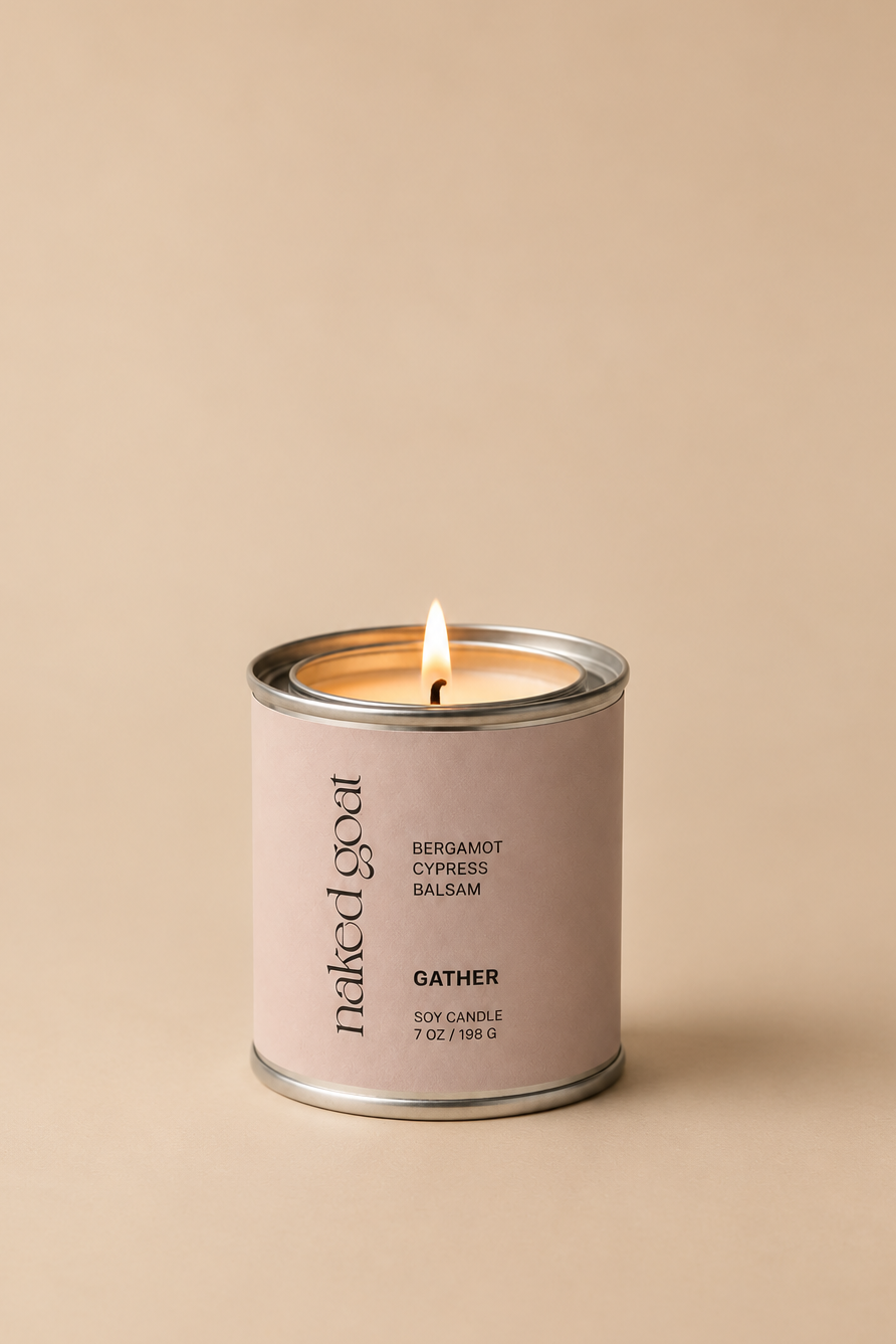 Naked Goat Gather Soy Candle with citrus, balsam and fir fragrance