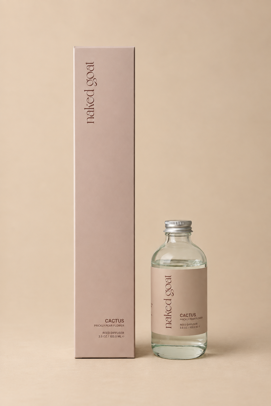Naked Goat Cactus Reed Diffuser with five reeds in recyclable glass bottle