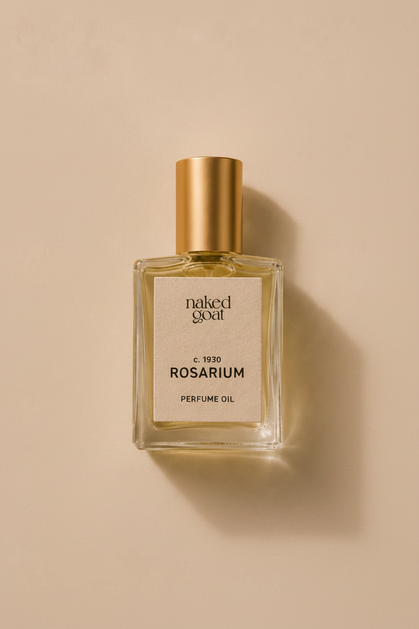 Rosarium Perfume Oil in glass bottle by Naked Goat Soap Co.